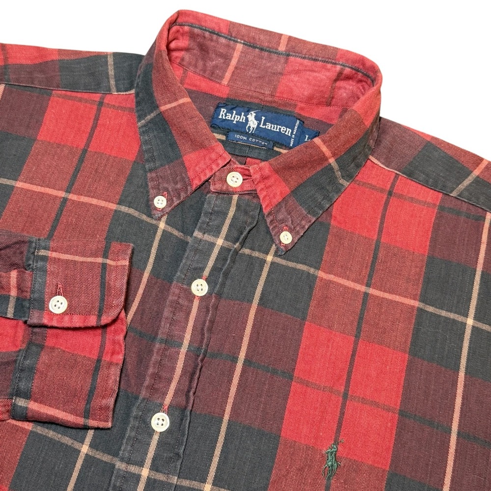 Ralph Lauren Mens Large Red Navy Plaid Cotton Button Down Shirt Long Sleeve Pony